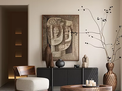 Wooden Coffee Table with Candles in Living Room with Abstract Painting Sculptures and Decorative Branch 3d model