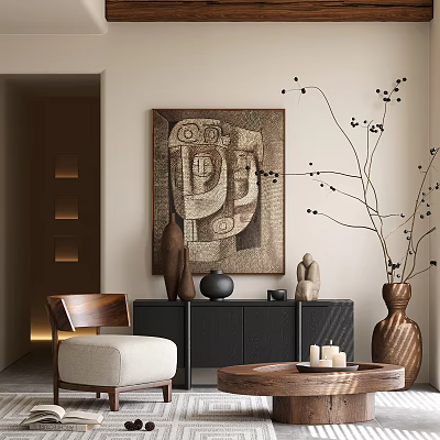 Wooden Coffee Table with Candles in Living Room with Abstract Painting Sculptures and Decorative Branch 3d model