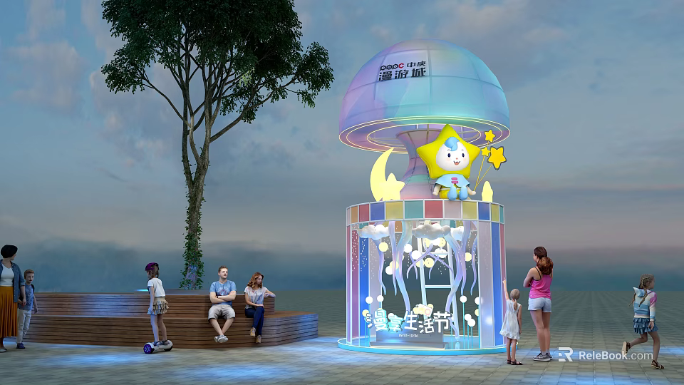 Outdoor Starry Sky Check in Transparent Dome Structure With Star Decorations And People Interacting 3d model 