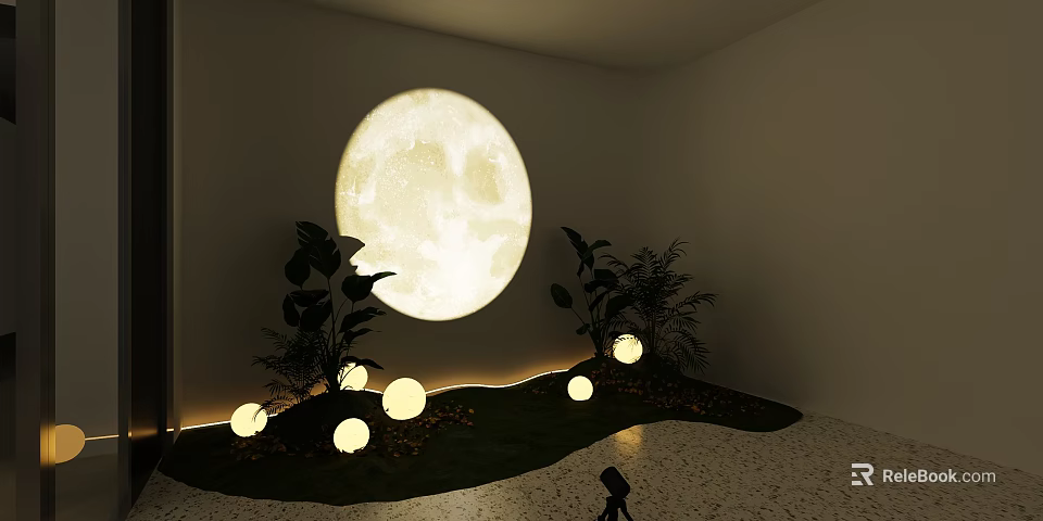 Floral Installation with Large Moon Green Plants and Round Lights on Grass 3d model 
