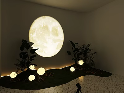 Floral Installation with Large Moon Green Plants and Round Lights on Grass 3d model