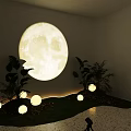 Floral Installation with Large Moon Green Plants and Round Lights on Grass