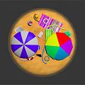 Colorful Beach Scene With Striped And Multicolored Umbrellas Surfboard Beach Ball And Inflatable Ring