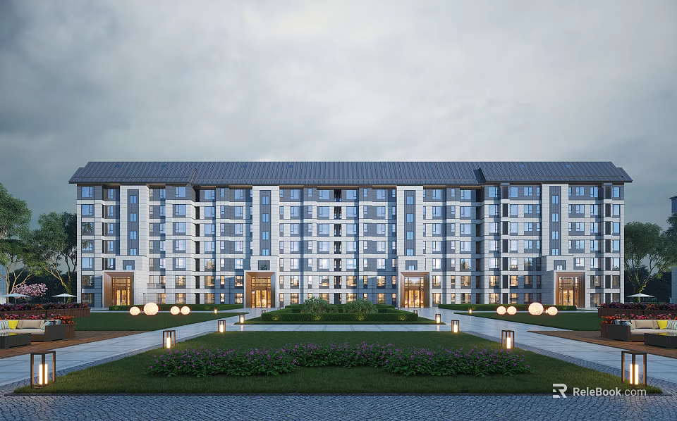 Modern Residential Building Exterior With Multiple Windows Green Lawn And Entrance 3d model 
