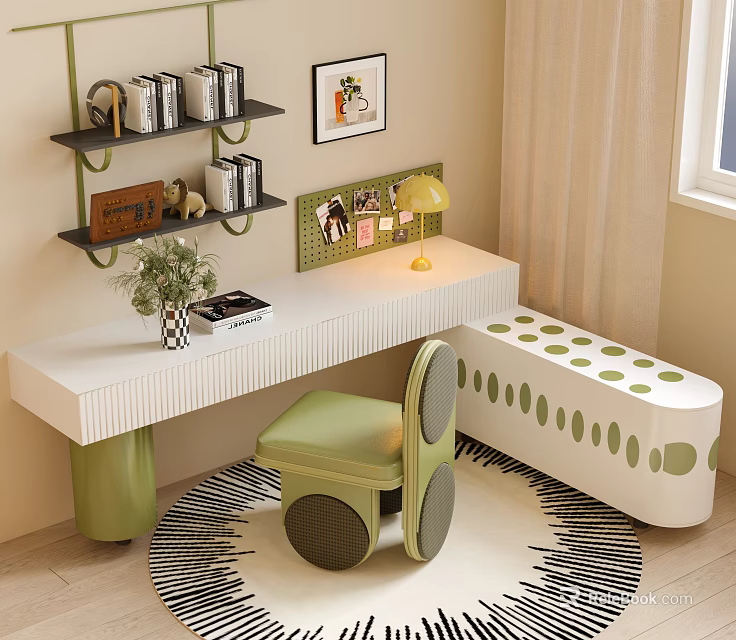 Modern White Desk Green Chair Set With Polka Dot Bench Shelves Lamp And Potted Plant 3d model 