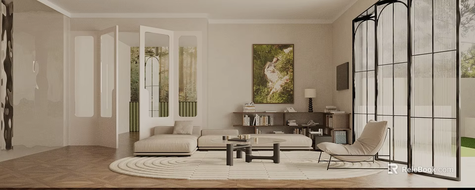 Modern Cream Tone Living Room With Cozy Large Sofa Art Paintings And Open Storage Shelves 3d model 