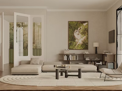 Modern Cream Tone Living Room With Cozy Large Sofa Art Paintings And Open Storage Shelves 3d model