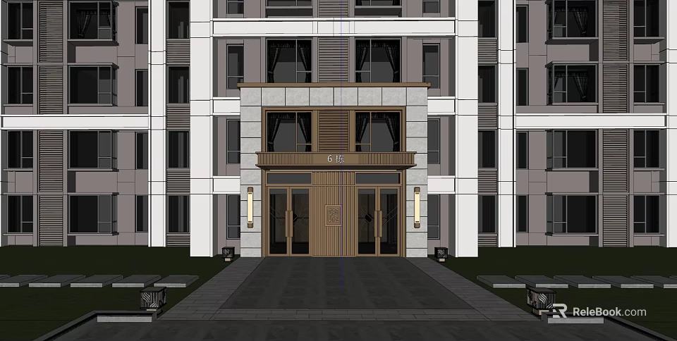 Modern Building Exterior With Entrance Wooden Doors Glass Windows And Light Fixtures 3d model 