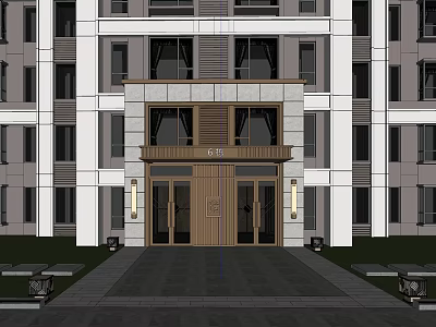 Modern Building Exterior With Entrance Wooden Doors Glass Windows And Light Fixtures 3d model