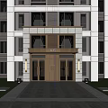 Modern Building Exterior With Entrance Wooden Doors Glass Windows And Light Fixtures