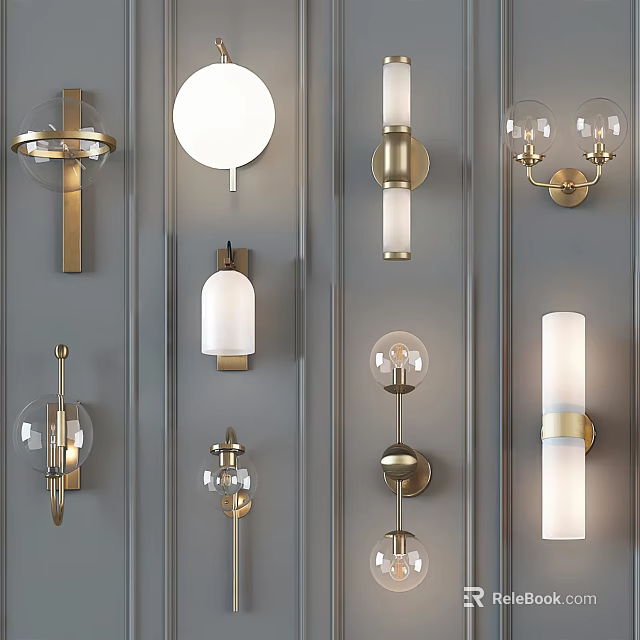 Modern Wall Lamps With Metal Frames And Various Glass Shade Designs Mounted On Wall 3d model 
