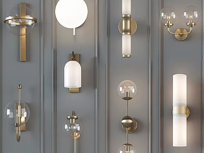 Modern Wall Lamps With Metal Frames And Various Glass Shade Designs Mounted On Wall 3d model