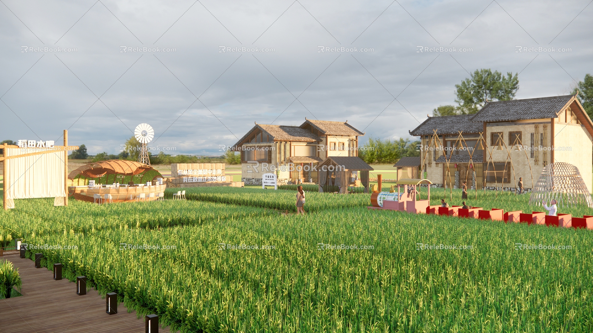 Rice Field Homestay Village Park Rice Flower Village Garden Leisure Rice Landscape 3d model