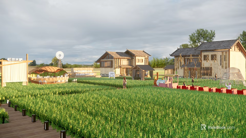 Ancient Architecture With Scenic View Of Green Wheat Field And Traditional Rural Houses 3d model 