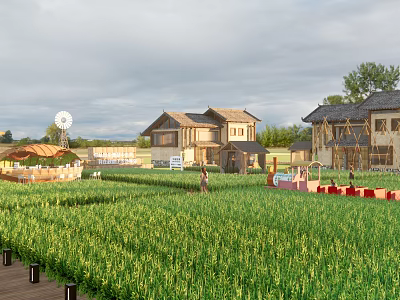 Ancient Architecture With Scenic View Of Green Wheat Field And Traditional Rural Houses 3d model