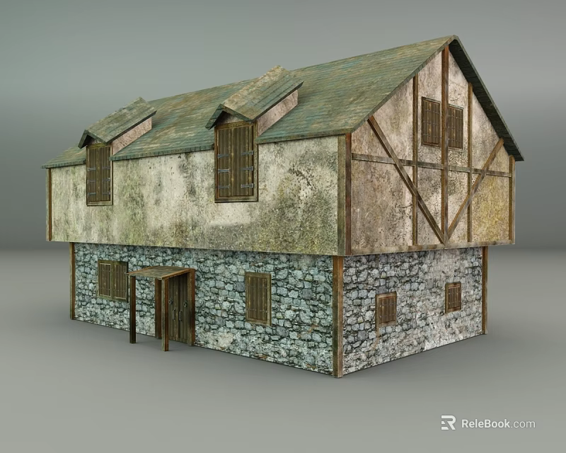 Old Medieval Style House Exterior With Stone Walls Wooden Frame And Green Roof 3d model 