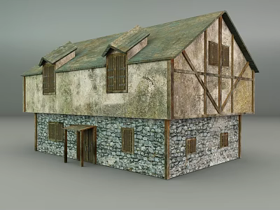 Old Medieval Style House Exterior With Stone Walls Wooden Frame And Green Roof 3d model