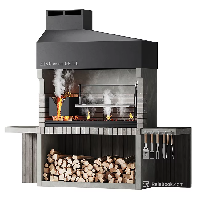 Outdoor Wood Fired Grill with Flames Smoke Firewood Storage and Grilling Tools 3d model 