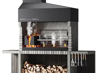 Outdoor Wood Fired Grill with Flames Smoke Firewood Storage and Grilling Tools 3d model