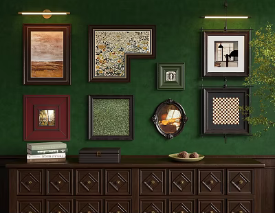 Dark Green Wall With Framed Pictures And Wooden Cabinet Featuring Books Fruit And Plant 3d model