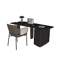 Modern Desk and Chair Set with Black Marble Top Beige Chair Table Lamp and Laptop