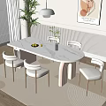 Modern Dining Table Set with White Oval Table Four Chairs Flower Vase and Fruit Bowl
