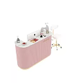Modern Pink Reception Desk With Gold Accents White Stool And Computer Monitor