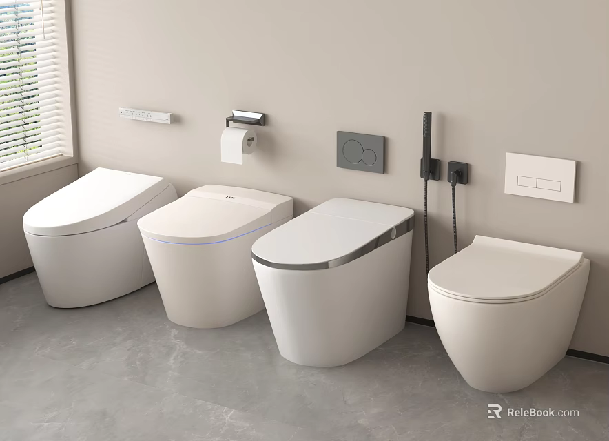 Four Modern White Toilets Display In Bathroom With Wall Mounted Accessories 3d model 