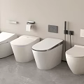 Four Modern White Toilets Display In Bathroom With Wall Mounted Accessories
