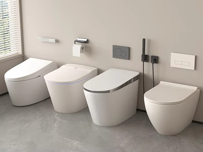 Four Modern White Toilets Display In Bathroom With Wall Mounted Accessories 3d model