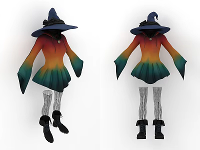 Colorful Gradient Witch Costume With Wide Brimmed Hat Striped Tights And Black Boots 3d model