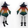 Colorful Gradient Witch Costume With Wide Brimmed Hat Striped Tights And Black Boots