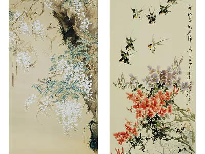Traditional Chinese Flower And Bird Painting With Blossoms Butterflies And Branches 3d model