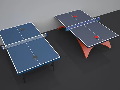 Blue Ping Pong Tables With Black And Red Stands Net And Ball Sports Equipment 3d model