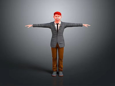 Red Haired Man In Gray Plaid Suit With White Shirt And Brown Pants Arms Outstretched 3d model