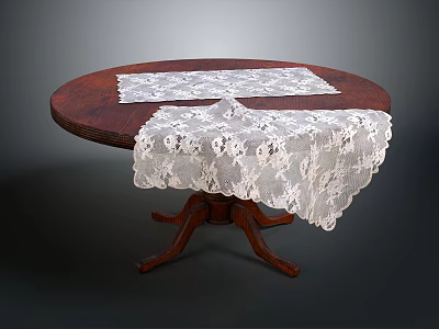 Elegant Round Wooden Dining Table With White Lace Tablecloths And Carved Pedestal Base 3d model