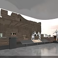 Museum Exhibition Featuring Wooden Boat Structure Wooden Boxes White Statues And Pottery 3d model