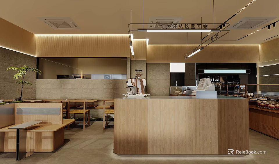 Modern Dessert Shop Interior with Wooden Counter Seating and Soft Lighting 3d model 