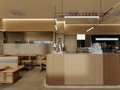 Modern Dessert Shop Interior with Wooden Counter Seating and Soft Lighting 3d model