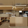 Modern Dessert Shop Interior with Wooden Counter Seating and Soft Lighting