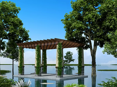 Wooden Pergola By Waterfront Surrounded By Trees With Calm Water And Clear Sky 3d model