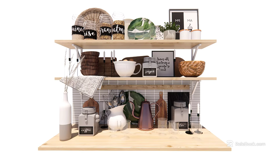 Stylish Kitchenware Display On Wooden Shelves With Mugs Jars Pitchers Woven Baskets And Small Plants 3d model 