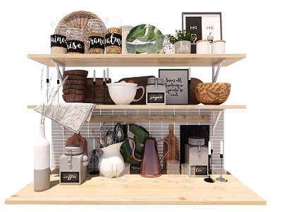Stylish Kitchenware Display On Wooden Shelves With Mugs Jars Pitchers Woven Baskets And Small Plants 3d model