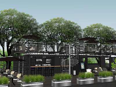 Container Building Outdoor Terrace with Trees Tables Chairs Staircase and Plants 3d model