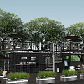 Container Building Outdoor Terrace with Trees Tables Chairs Staircase and Plants