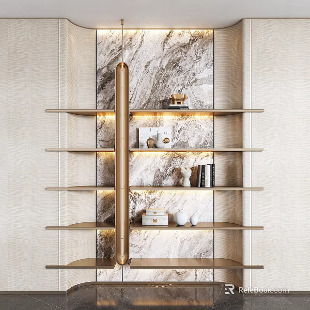 Contemporary Wall Shelving Unit with Golden Pillar Marble Backdrop Showcasing Decorative Items Books and Ornaments 3d model 