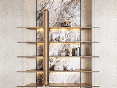 Contemporary Wall Shelving Unit with Golden Pillar Marble Backdrop Showcasing Decorative Items Books and Ornaments 3d model