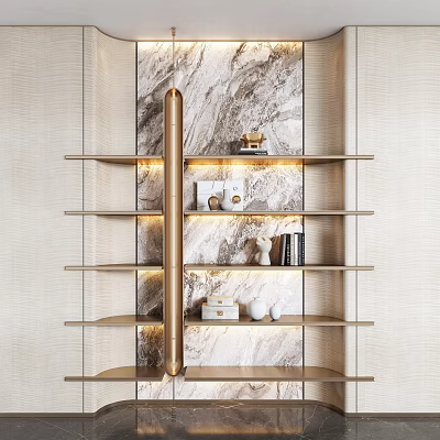 Contemporary Wall Shelving Unit with Golden Pillar Marble Backdrop Showcasing Decorative Items Books and Ornaments 3d model