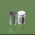 Display Shelf Unit with Metal Cylinder and White Medicine Bottle on Green Background with Shadow