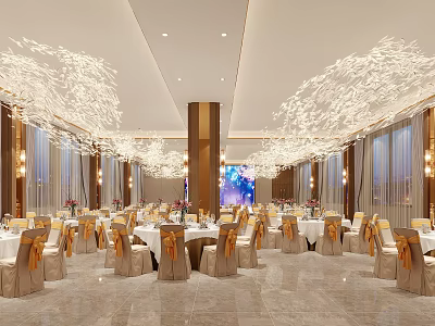 Elegant Banquet Hall Featuring White Branch Chandeliers Marble Flooring Beige Chairs And Gold Accents 3d model